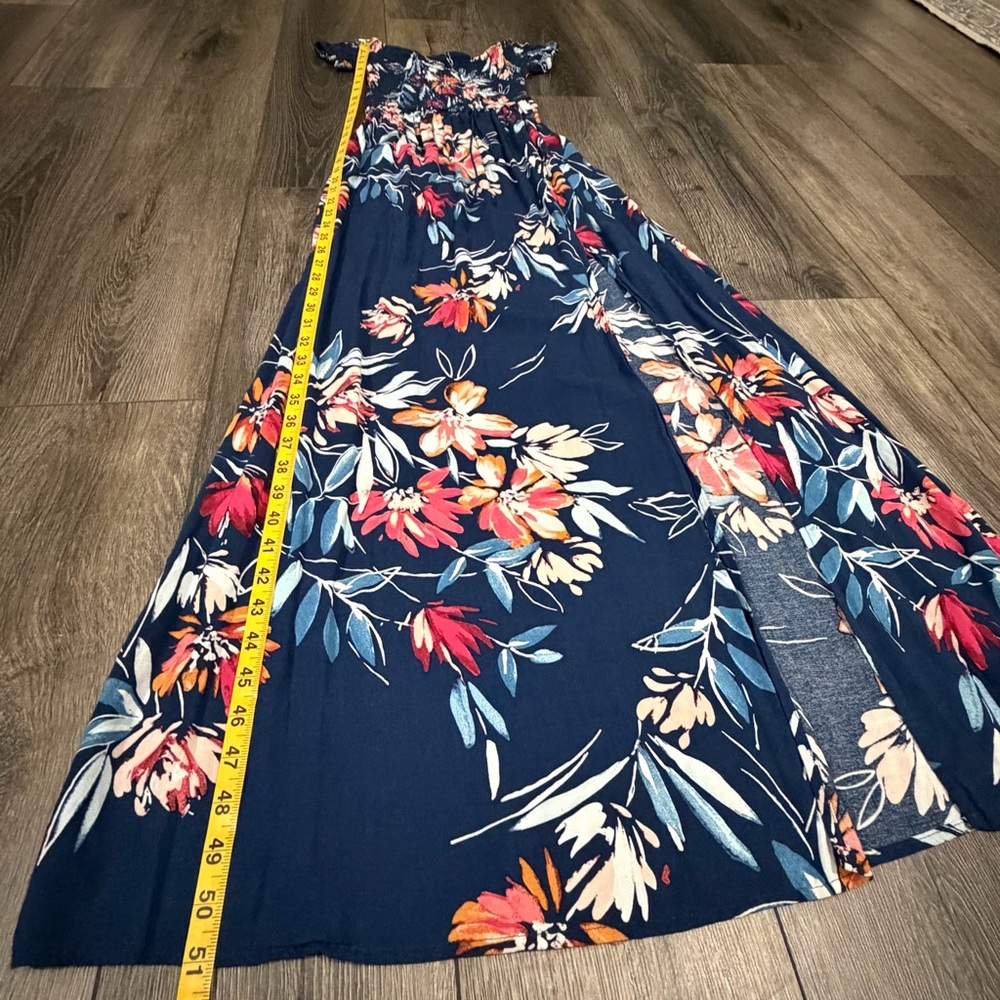 Band of Gypsies Boho Floral Off The Shoulder Smocked Maxi Dress Navy XS Summer - Picture 10 of 14